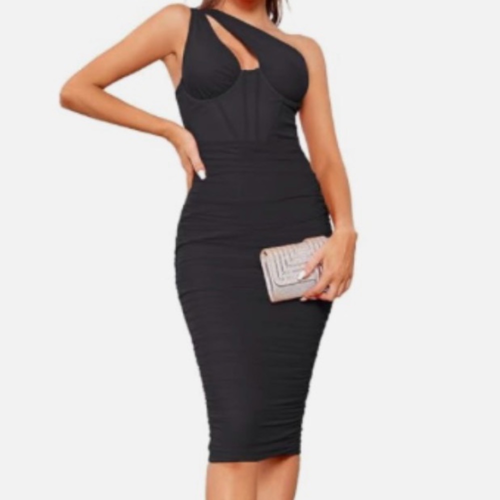 One Shoulder Cutout Bodycon Corset Dress Ruched Mesh Midi Black Dress
